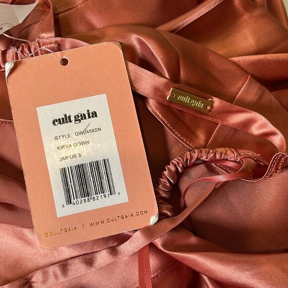 CULT GAIA Kirya Jaipur Gold Chain Halter Neck Pink Satin Maxi Gown Size Small - Picture 9 of 10